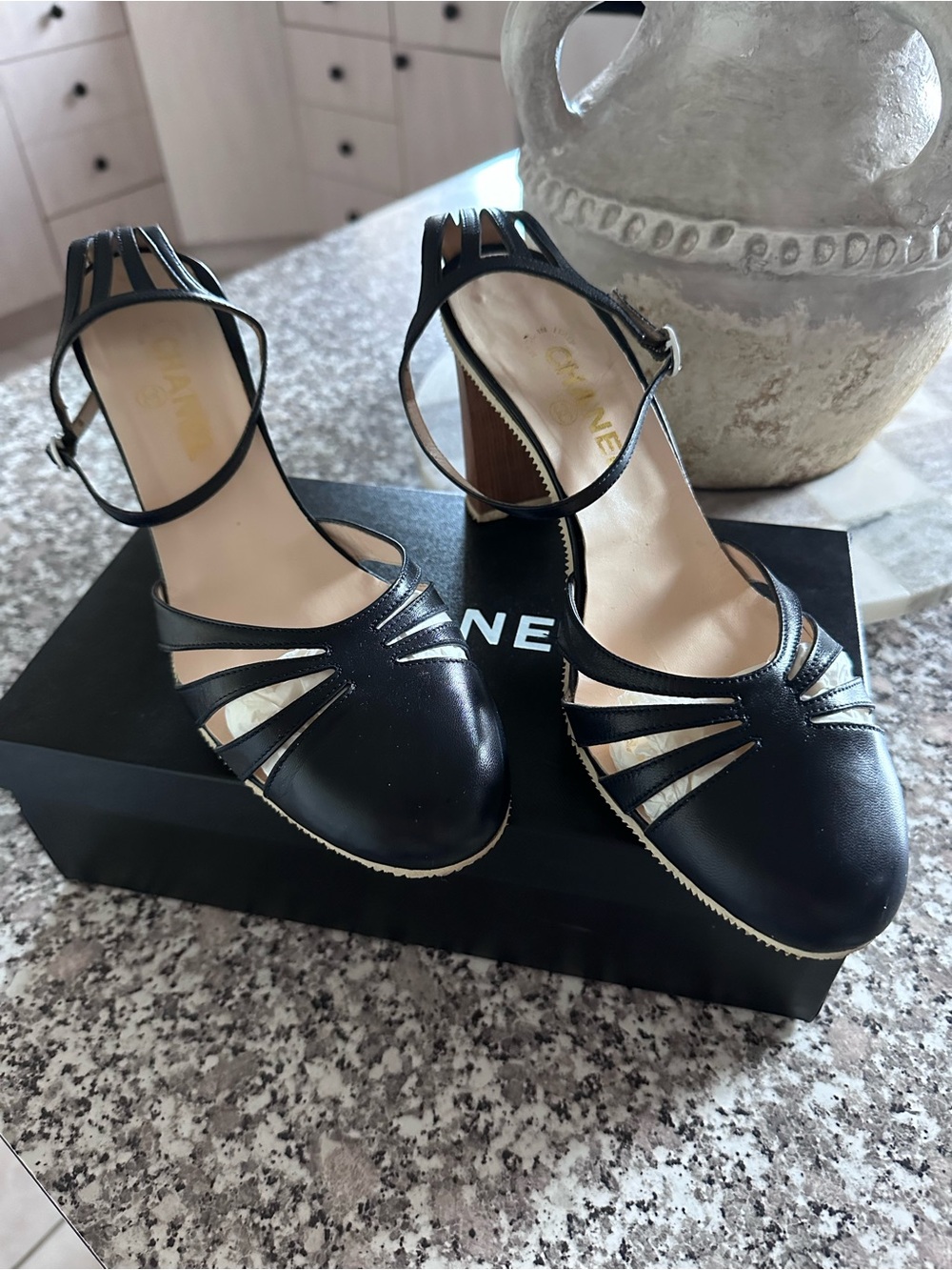CHANEL Black Cutout Ankle-Strap Block Heels